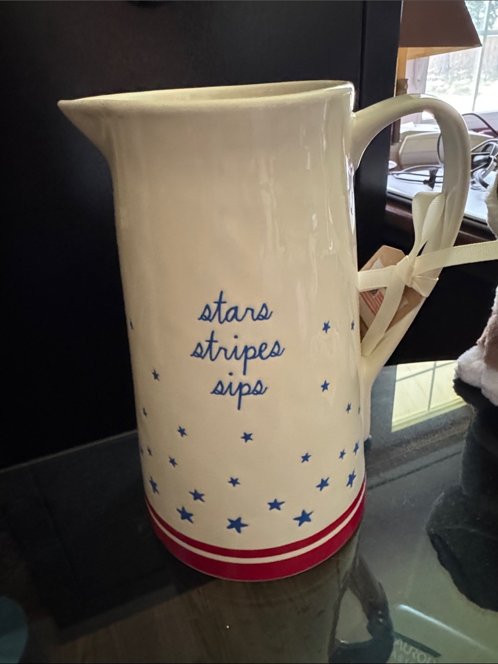 Rae Dunn White Pitcher with Blue Stars and Red Striped Base
